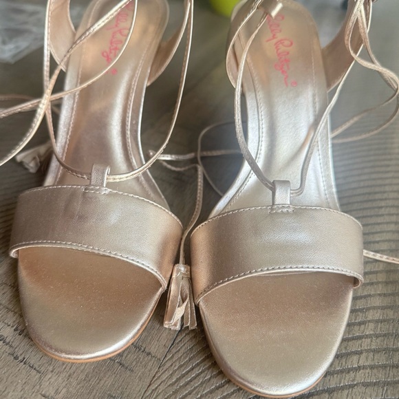 Lilly Pulitzer Wedge LaceUp Leather Sandal|Metallic|Flecked Cork Heel|Size 8|EUC - Picture 5 of 9